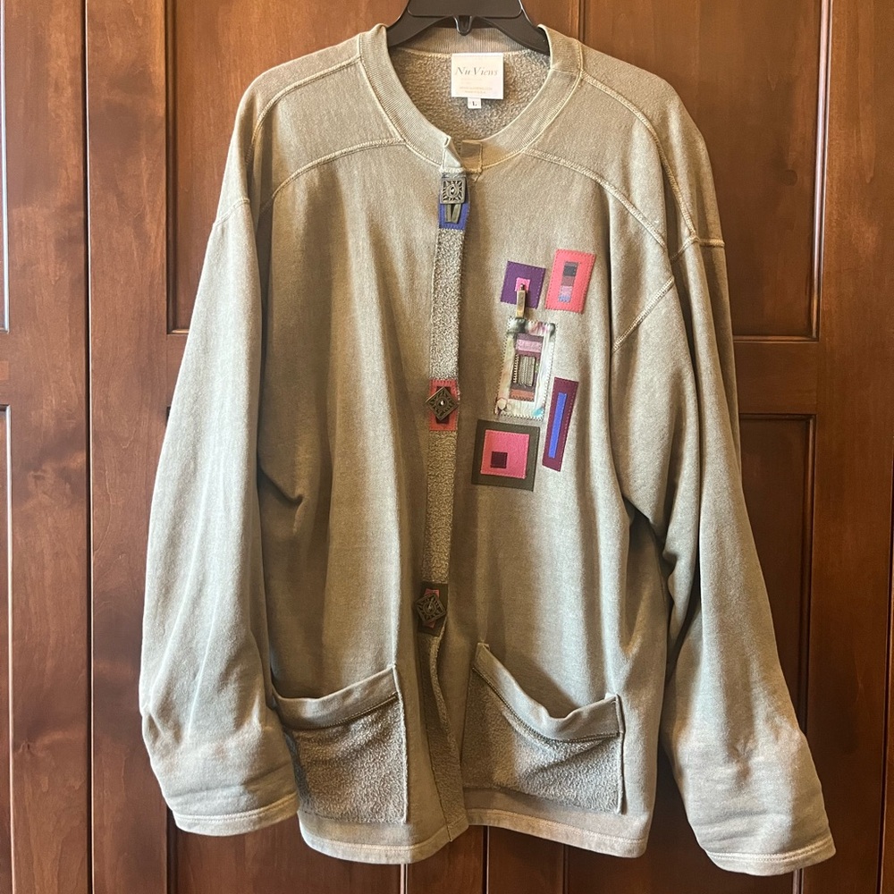 Button-Front Sweatshirt with fun, geometric accents and buttons - Large